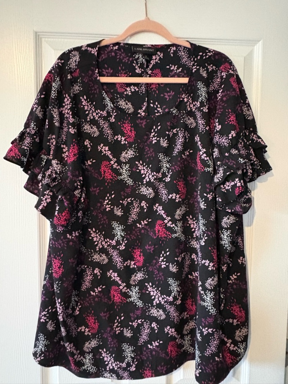 Lane Bryant Black Floral Ruffle-Sleeve Blouse - Pink & White Accents